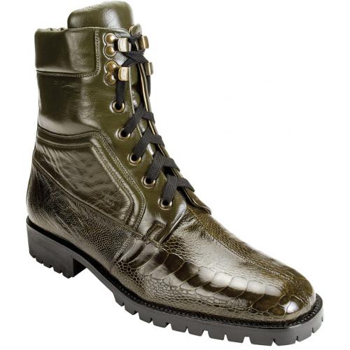 Belvedere "Torre K18" Military Green Genuine Ostrich  Boots With Lug Rubber Sole